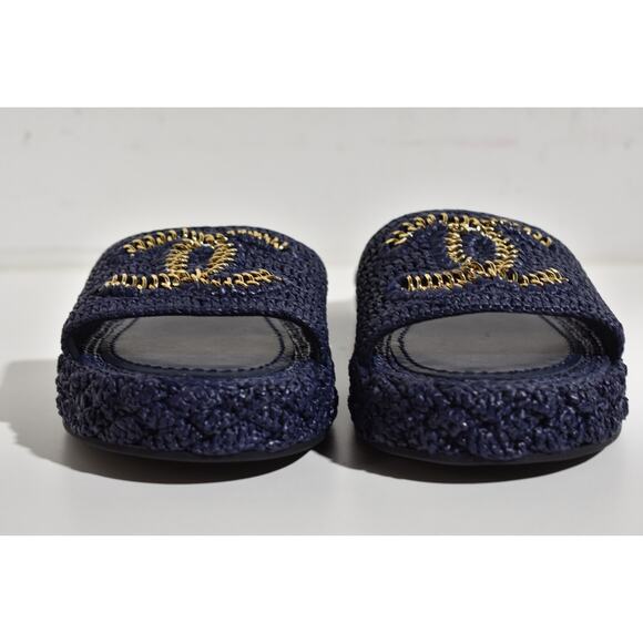 Chanel 21C Navy Blue Cord Gold Chain CC Logo Mule Slide Slip On Sandal Flat 37 - Picture 6 of 12